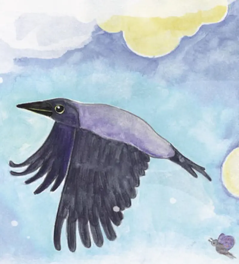 A grey crow flies through a blue sky with yellow clouds, wings spread wide, while a small snail watches below.