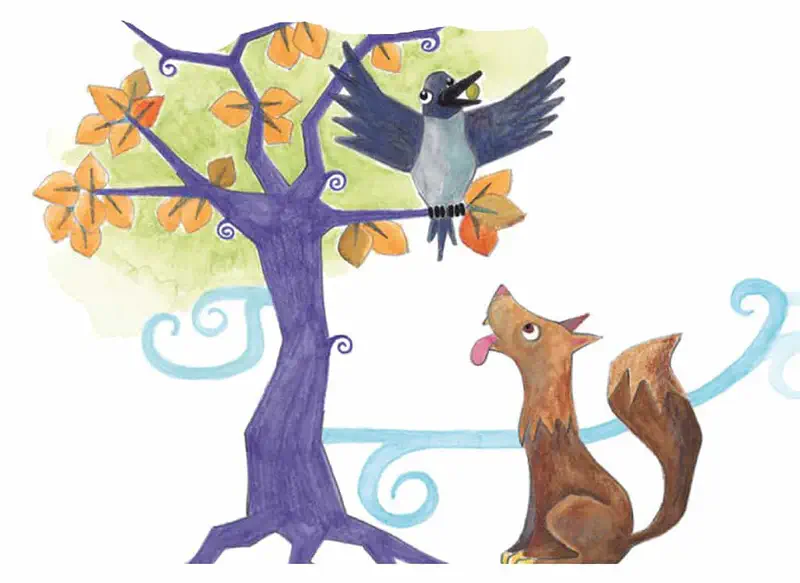 A crow eating a nut perches on a purple tree branch while a brown dog with tongue out watches from below.