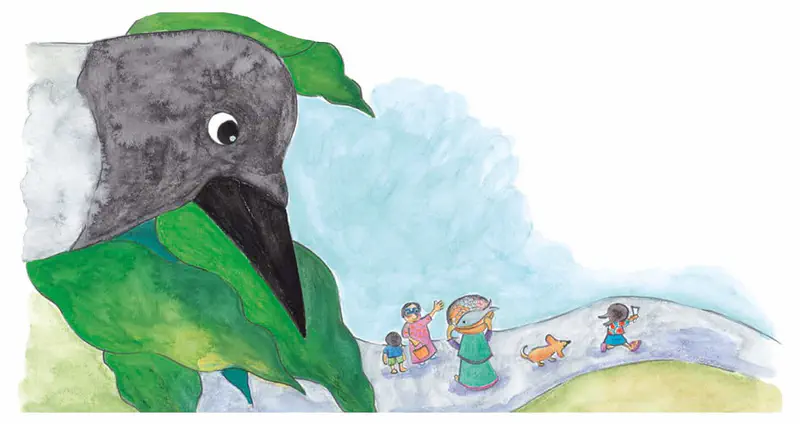 A large crow hides in tree leaves watching people on a path below: women carrying baskets, a child, and a dog.