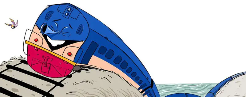 The blue train speeds along railway tracks over hills near water, eyes closed happily as a bird tries to chase it.