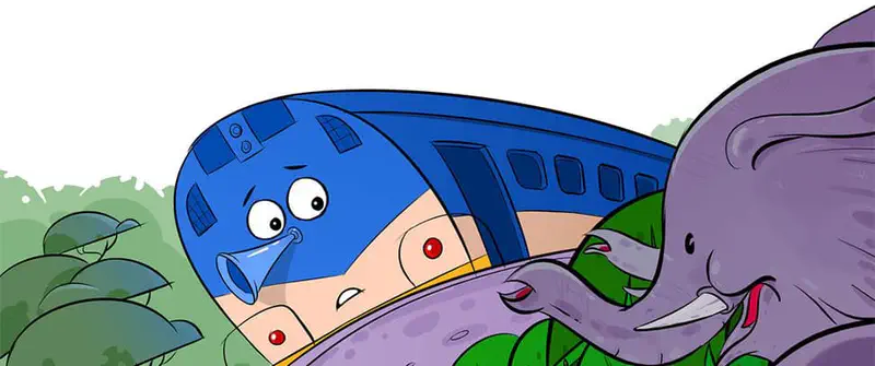 The worried blue train is surrounded by a purple elephant and green snake in a jungle, looking lost.