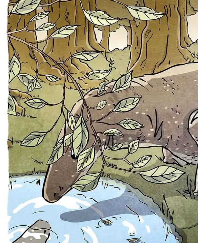 A monitor lizard hidden among tree branches and falling leaves near a river in a forest setting.