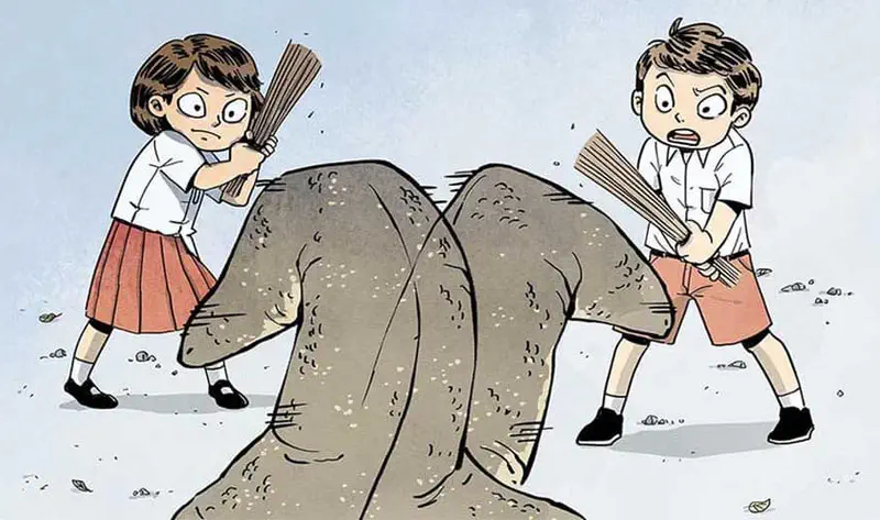 A girl and boy in school uniforms holding brooms looking concerned at a monitor lizard's back legs and tail.