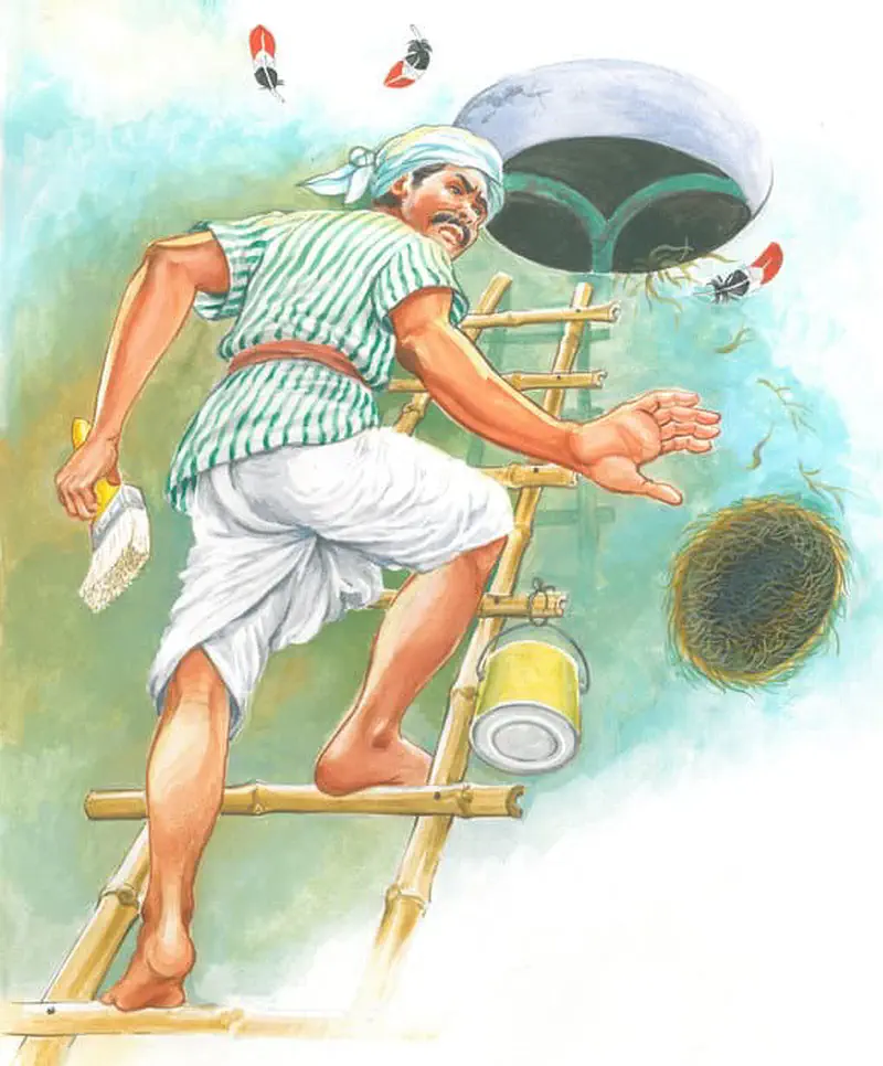 A man in a striped shirt on a bamboo ladder startled as a bird nest falls beside him with feathers flying.