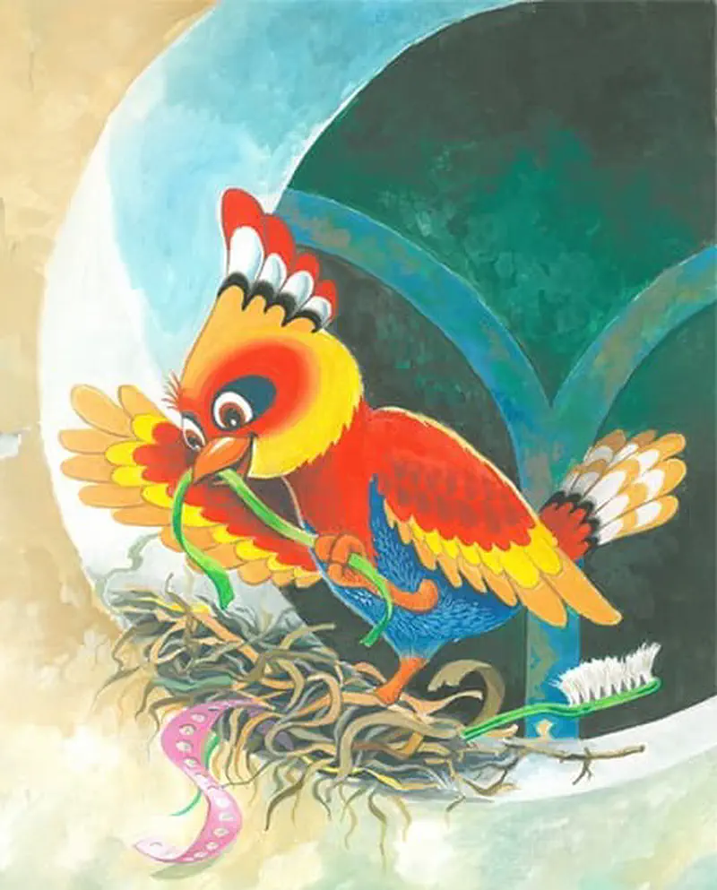 A colorful red, orange and yellow bird standing in its nest holding a worm with a toothbrush nearby.