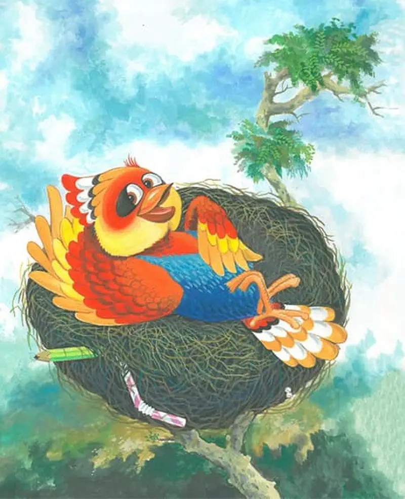 A colorful bird relaxing happily in its nest on a tree branch with a green landscape and blue sky behind.