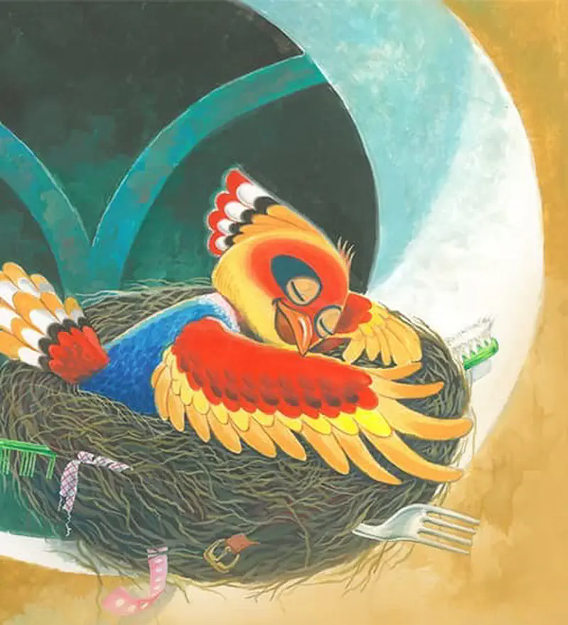 A colorful bird sleeping peacefully in its cozy nest with a fork and toothbrush tucked beside it.