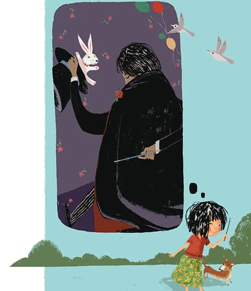 A girl with messy black hair watches a magician on a poster pulling a rabbit from a hat, while her dog follows her outside.