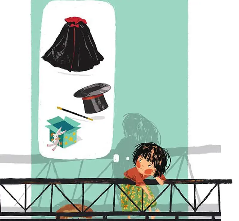 The girl looks at a shop window displaying magic supplies including a cape, top hat, wand, and a box with a rabbit popping out.