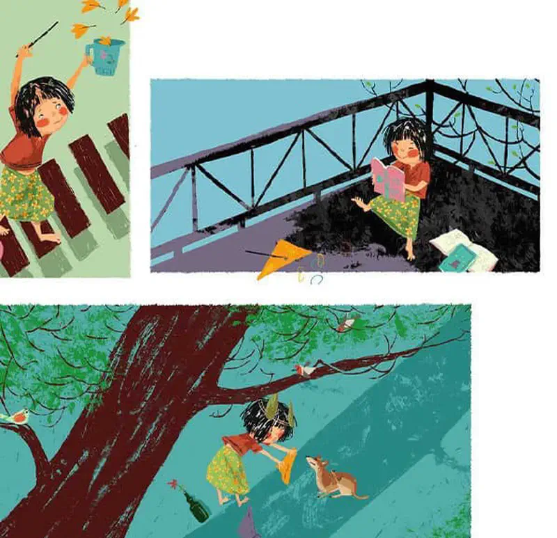 Three scenes showing the girl practicing magic: waving a wand at a bucket, reading magic books under a bridge, and walking with her dog under a tree while books float around.