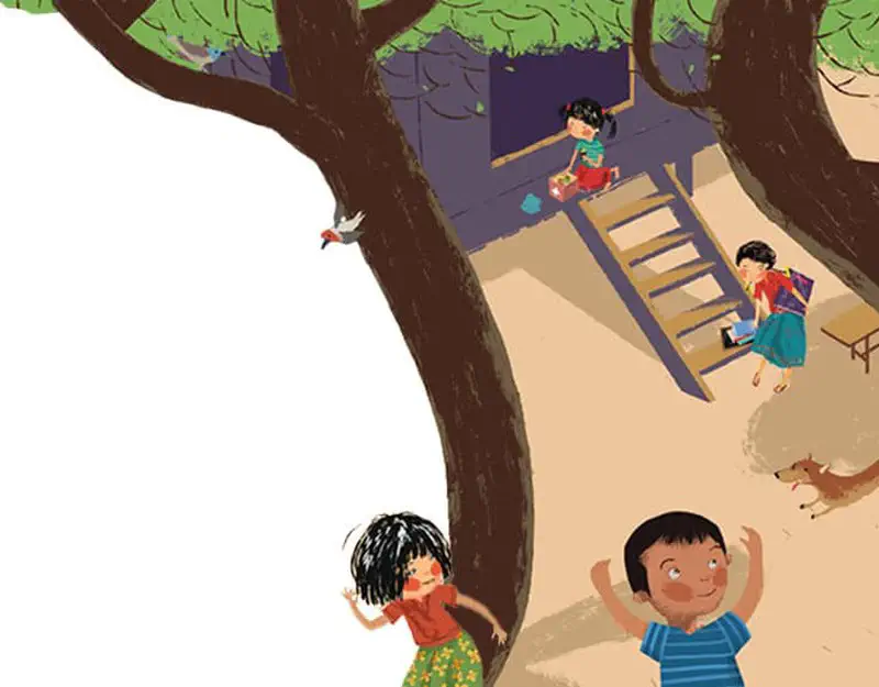 Children play near a large tree with a treehouse. The girl runs past while other kids read books on the stairs and a boy waves.