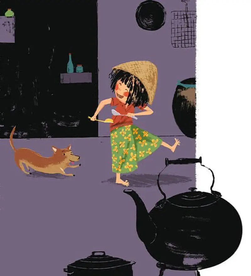 The girl wearing a conical hat holds a wand and runs through a kitchen with her excited dog, past shelves with pots and a large kettle.
