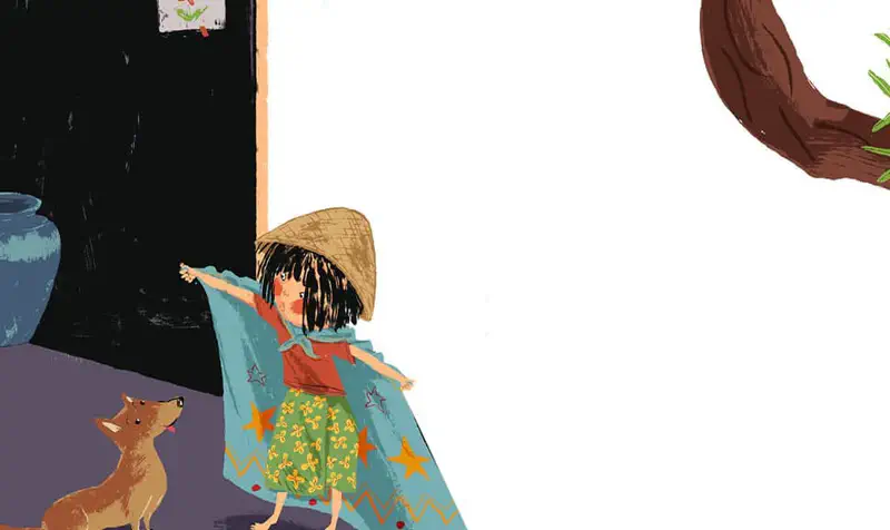 The girl spreads her arms wide wearing a star-patterned cape and conical hat, standing in a doorway while her dog watches with sunglasses.