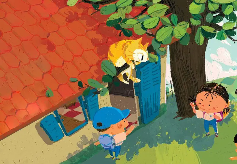 Two boys stand near a house with orange roof tiles as an orange cat lounges on blue window shutters, with a large tree in the background.