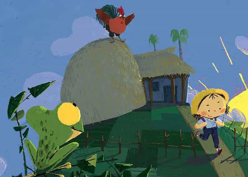 A boy in a straw hat runs past a thatched-roof hut on a hill with a rooster on a haystack and a green frog watching from the grass.