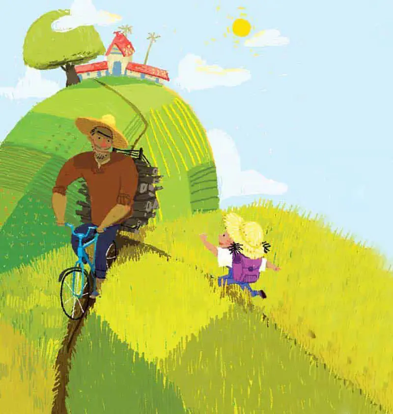 A farmer in a straw hat rides a bicycle on a country path while a child with a backpack waves, with green fields and a red-roofed house on a hill.