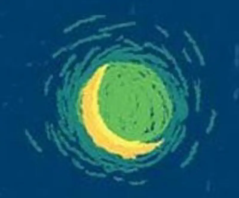 A glowing crescent moon surrounded by swirling blue and green light against a dark blue night sky.