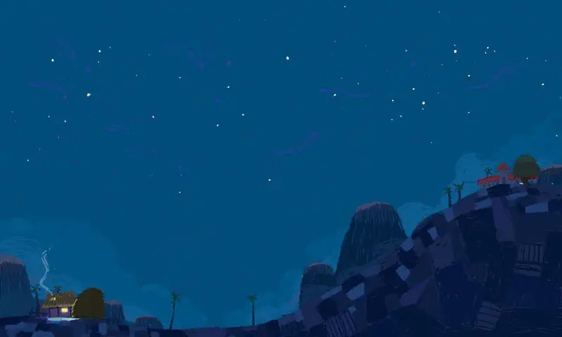 A starry night sky over a village with small thatched huts, palm trees, and a house with orange roof on a distant hill.