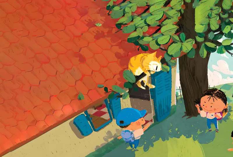 Two boys stand near a house with orange roof tiles as an orange cat lounges on blue window shutters, with a large tree in the background.