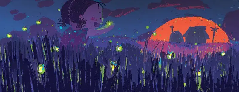 A girl catches glowing fireflies in a purple field at dusk, with a large orange sun setting behind silhouetted huts and trees.