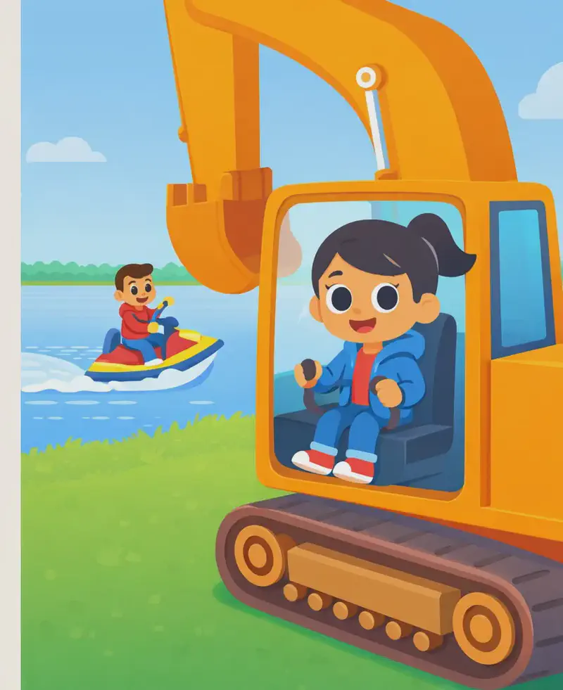 On the right side of the image, Girl sits inside the cab of a large orange digger (excavator), gripping the controls with a determined expression as she drives it across a green grassy field toward the water's edge. In the center-background, Man rides a jet ski on the water, looking back toward the digger with an impressed expression and shouting encouragement. The outdoor scene shows a bright, sunny day with blue sky, a wide body of water, and a tree-lined far shore.