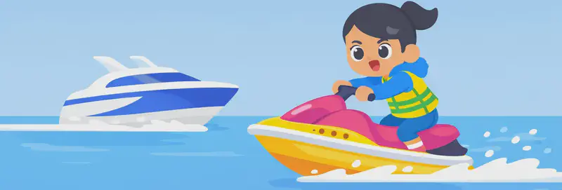 In the lower half of the image, Girl is kneeling on a yellow and pink jet ski, gripping the handlebars with both hands and leaning forward with a determined expression as she speeds across open water. She is wearing a life vest. A white and blue motorboat sits in the water ahead of her, and Girl is racing toward it. The top half of the image is plain blue sky with light clouds, and the scene is set outdoors on a bright, sunny day on a calm lake or bay.