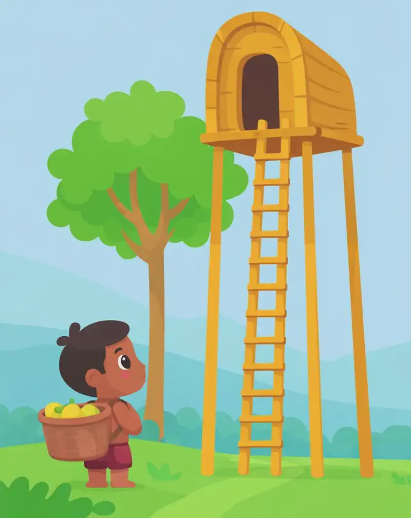 On the left side of the image, a young child stands on the ground looking up at a tall wooden house raised high on stilts with a ladder leading up to its entrance. The child carries a basket filled with fruit on their back. The scene is set outdoors during the daytime, with a green tree beside the stilted house, rolling green fields, and misty mountains in the background. The right side of the image is open sky and landscape, left clear for text.