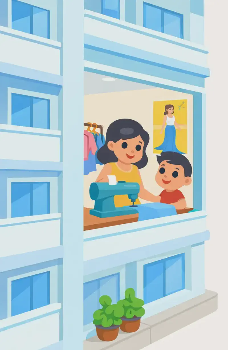 On the left side of the image, a tall apartment building is shown at an angle, with multiple floors of stacked units visible. In an upper-floor apartment, seen through a large window, a woman sits at a sewing machine while a child stands closely beside her, both looking engaged. Clothes hang on a rack behind them, and a fashion poster brightens the wall inside the room. Potted plants sit on a lower ledge near the ground floor. The right ~40% of the image is plain white/light background, left clear for text.