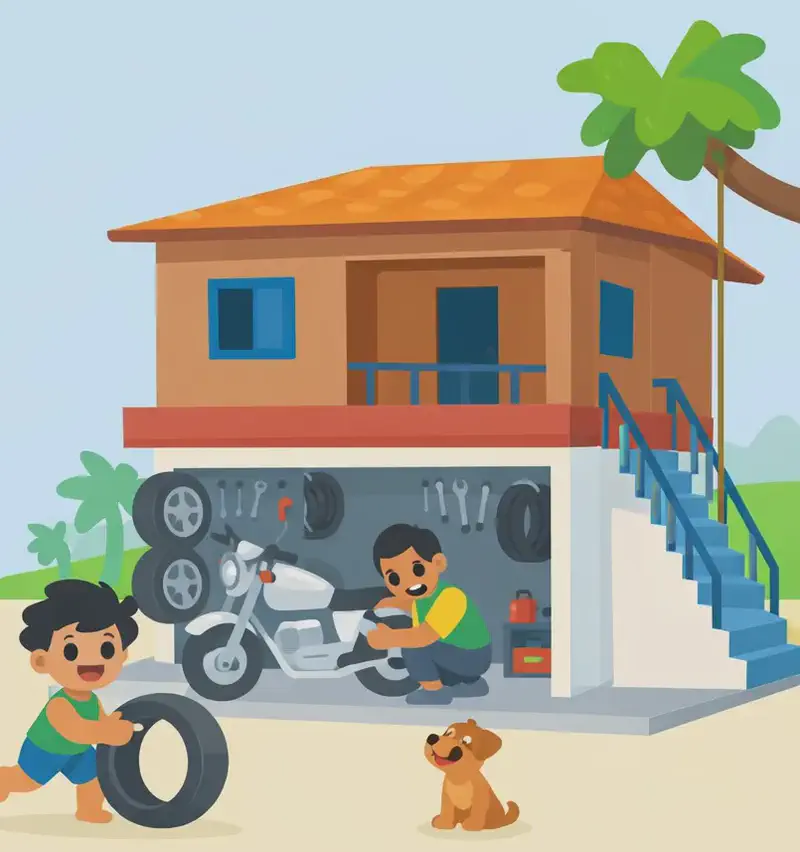 On the right side of the image, a two-story house is shown with an open garage built right underneath. Inside the garage, a man crouches beside a large motorcycle, carefully fixing it with tools hung neatly on the walls. In front of the garage, a young child cheerfully rolls a tire along the ground with a happy expression, while a small dog sits nearby watching. The scene is set outdoors on a clear, bright day in a quiet neighborhood setting. The left side of the image is open background, left clear for text.
