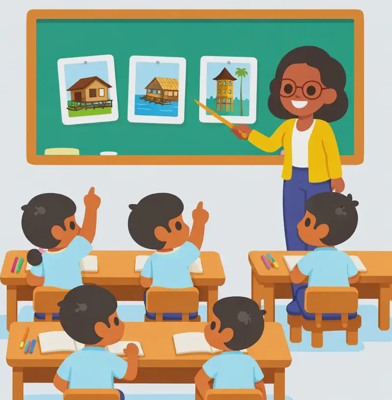 On the right side of the image, a teacher stands smiling in front of a chalkboard, holding a pointer toward three pinned photographs showing different styles of homes from around the world. She faces a group of young students seated at wooden desks in a bright classroom; several children are eagerly raising their hands, ready to share what they have learned, while others look attentively toward the board. The left side of the image is plain light background, leaving space for text.