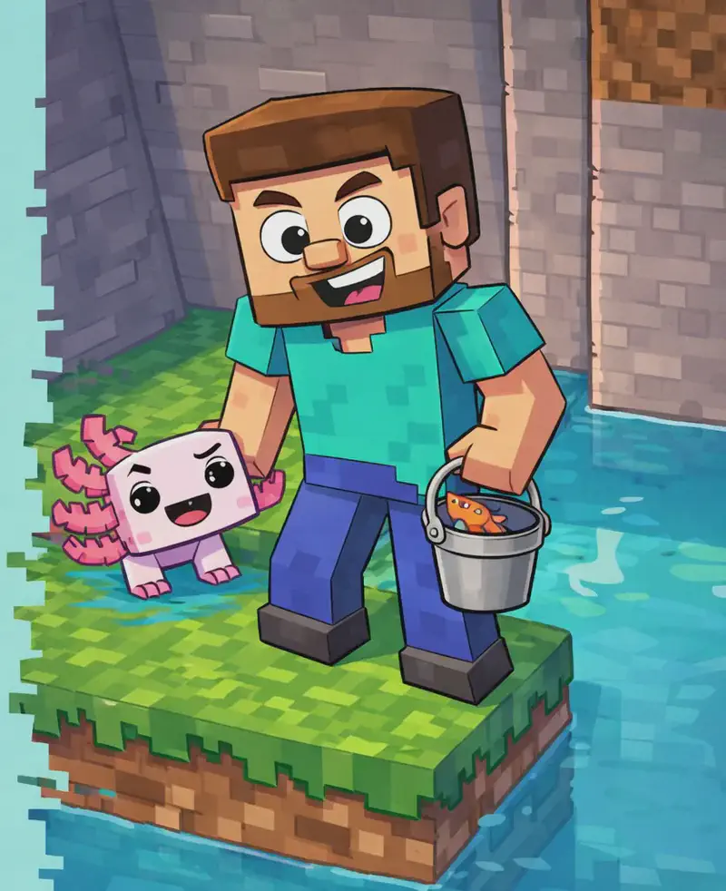 On the right side of the image, Steve stands on a grassy ledge beside a pool of water near a rocky cliff face, looking excited with a happy expression. He is holding a small bucket with a fish (clownfish) in it. Axolotl is visible peeking out of the water just behind Steve, grinning at him with a cute expression. The left ~40% of the image is plain light teal background, leaving clear space for text overlay.