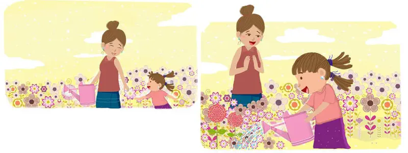 Two scenes of a mother and daughter in a colorful flower garden, first watering flowers together, then the daughter watering while mom watches proudly.