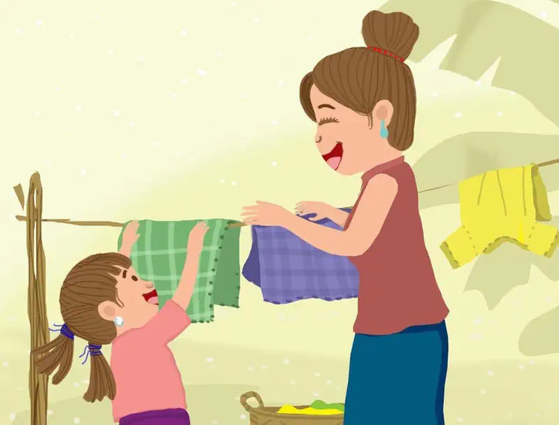 A laughing mother and daughter hang colorful checkered cloths on a clothesline together, with a laundry basket nearby.