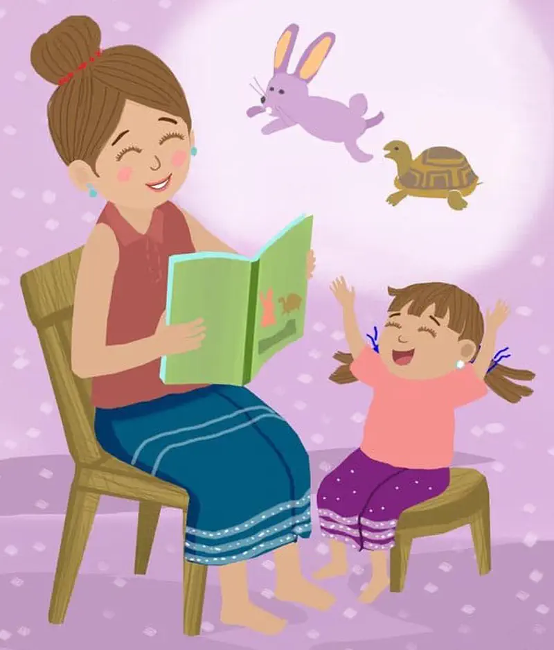A mother reads a storybook to her excited daughter, with imaginary characters of a rabbit and turtle floating above them against a purple background.