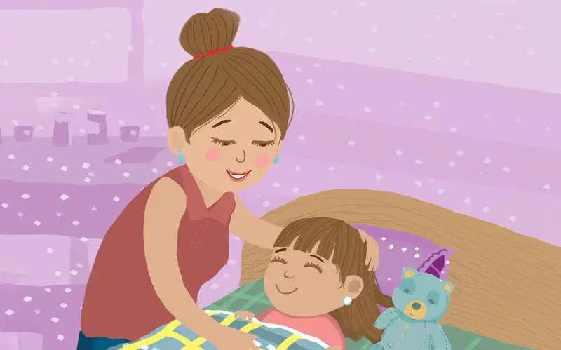 A mother lovingly tucks her daughter into bed at night, gently stroking her hair as the girl sleeps peacefully with a blue teddy bear.