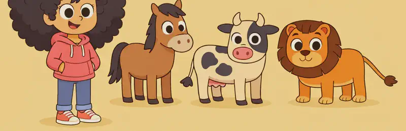In the lower half of the image, Girl is visible on the far left, grinning as she looks toward a row of animals beside her. To her right stand a horse, a cow, and a lion, all facing forward with their straight tails visible — the horse's tail is long and flowing with a mane of hair at the bottom, the cow's tail is thin with a tassel at the tip, and the lion's tail is straight with a golden tuft at the end. The background is a plain warm golden-yellow, with the top half empty.