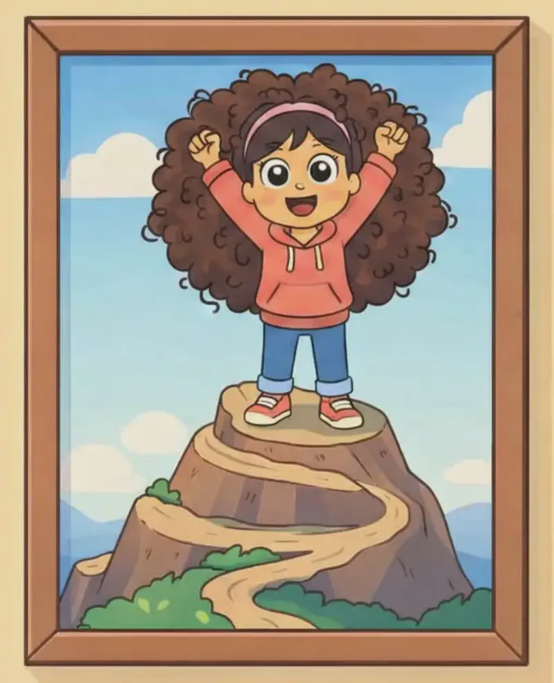 On the right side of the image, a framed photograph hangs on a wall, showing Girl standing proudly at the peak of a mountain with her biggest, proudest grin. She stands upright on the rocky summit with her arms raised in triumph. Below the peak, a curling path twists and winds its way up the mountainside. The photograph is set against a plain warm-toned background, with the left side of the image left as empty background.