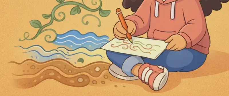 On the right side of the image, Girl is shown seated, smiling gently with a calm, content expression, pencil in hand as she draws. To her left, flowing curvy lines loop and swirl across the page — resembling vines, waves, and underground burrows. The background is a warm, solid tan/golden color, with the left portion kept clear for text overlay.