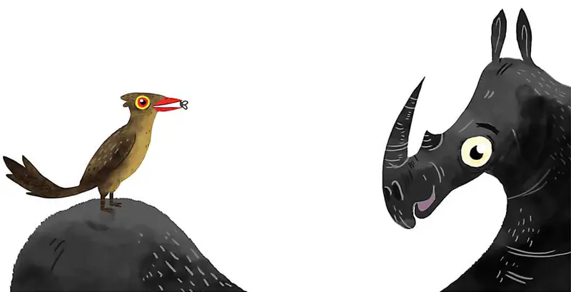 A small brown oxpecker bird with a red beak stands on the rhinoceros's back, looking at the rhino who appears curious and interested.