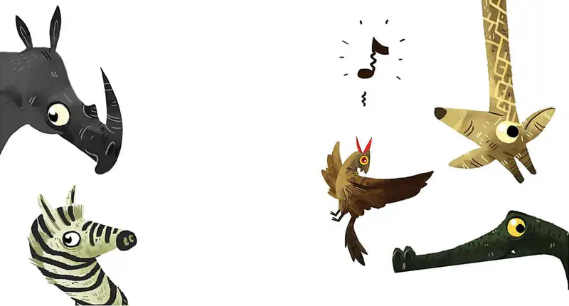 All the African animals gather happily together: rhino, zebra, giraffe, crocodile, and the singing oxpecker bird with musical notes floating above.