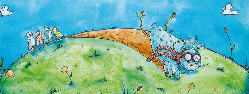 A fluffy blue owl wearing red goggles and a plaid scarf tumbles down a dirt path on a grassy hill while other colorful birds watch from behind.