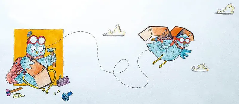 The blue owl builds cardboard wings with tools on the left, then flies successfully through the sky wearing its homemade cardboard wing invention.