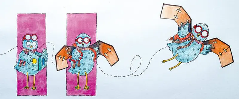Three poses showing the blue owl reading instructions, testing its cardboard wings while standing, then successfully flying with its invention.