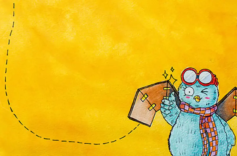 The blue owl with goggles and scarf admires its finished cardboard wings with sparkles, against a bright yellow background with a dashed flight path.