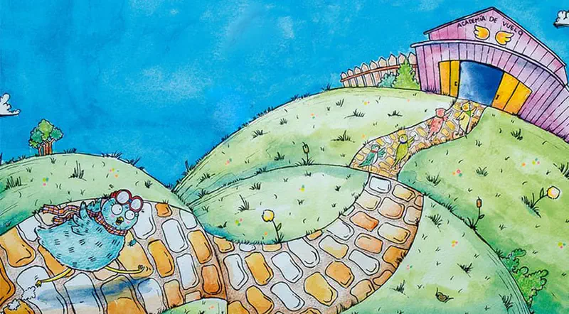 The blue owl with goggles walks along a cobblestone path toward a pink flight academy building on a hill, with other birds walking ahead.