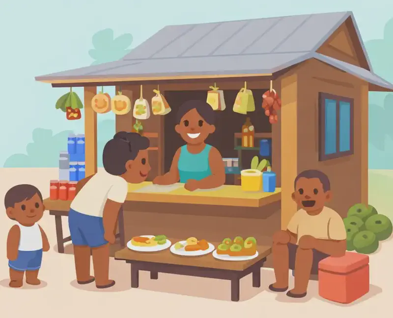 On the right side of the image, a woman stands smiling behind the counter of a small roadside shop attached to her home, interacting with a customer who leans in closely to see her goods. A child sits on the shop's front porch near plates of freshly cooked food on a low table, while another child stands nearby eyeing the food. An older man sits on the ground to the far right beside a pile of green produce. The shop has various items displayed on tables out front and goods hanging from the awning, set outdoors on a clear day with trees faintly visible in the background. The left side of the image is open sky and bare ground, left clear for text.