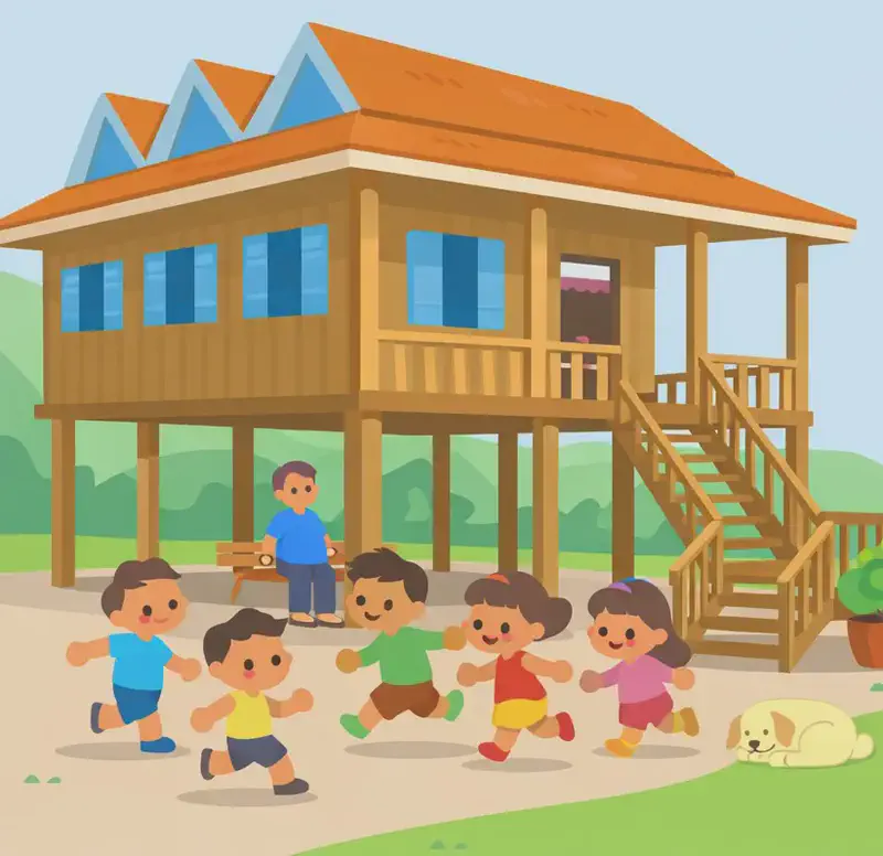 On the left side of the image, a large raised communal home with a wraparound porch and front staircase sits on an open lot with rolling green hills in the background. Beneath and around the elevated house, several children are racing and playing together with happy, lively expressions and cheerful laughter, while two adults stand nearby — one sitting on a bench and another standing, watching over the kids closely. A small pet curls up sleeping calmly on the ground in the lower center, and a green bush with a planter sits beside the front steps. The right ~40% of the image is open sky and plain background.
