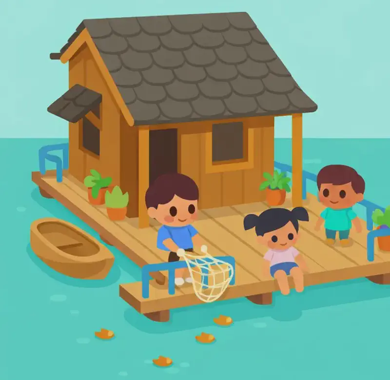On the left side of the image, a wooden houseboat with a shingled roof and a front porch floats on calm turquoise-green water. Three children are on the wooden deck — one stands near the railing at the front holding a fishing net over the railing, another sits calmly at the edge of the porch, and a third stands near potted plants at the far side of the deck, all appearing content and relaxed. A small rowboat bobs alongside the houseboat, ready if they need supplies from shore. The scene is outdoors in bright daylight with open peaceful water stretching across the right side of the image. Small fish are visible near the surface of the water.