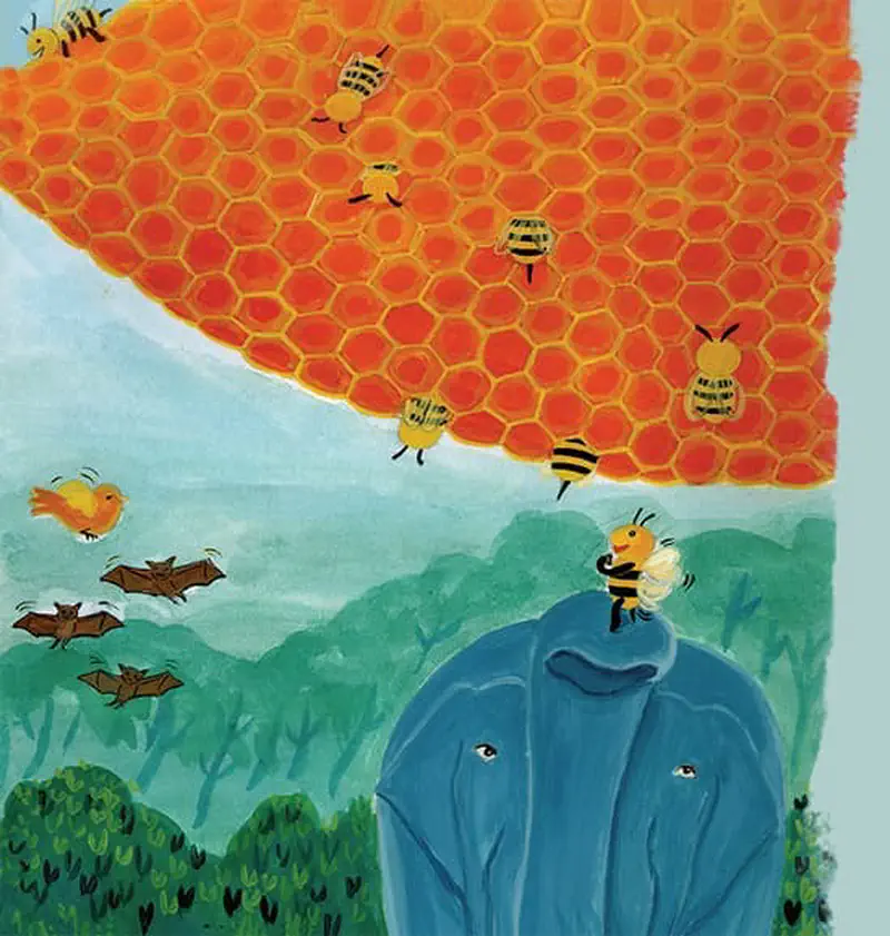 A blue elephant looking up at a large orange honeycomb with many bees flying around it, with bats and a bird in the forest background.