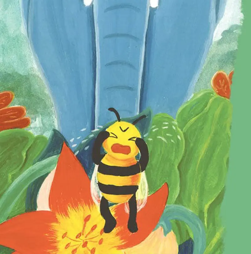 A small bee crying with closed eyes while sitting on a bright orange flower, with a blue elephant's trunk visible behind it.